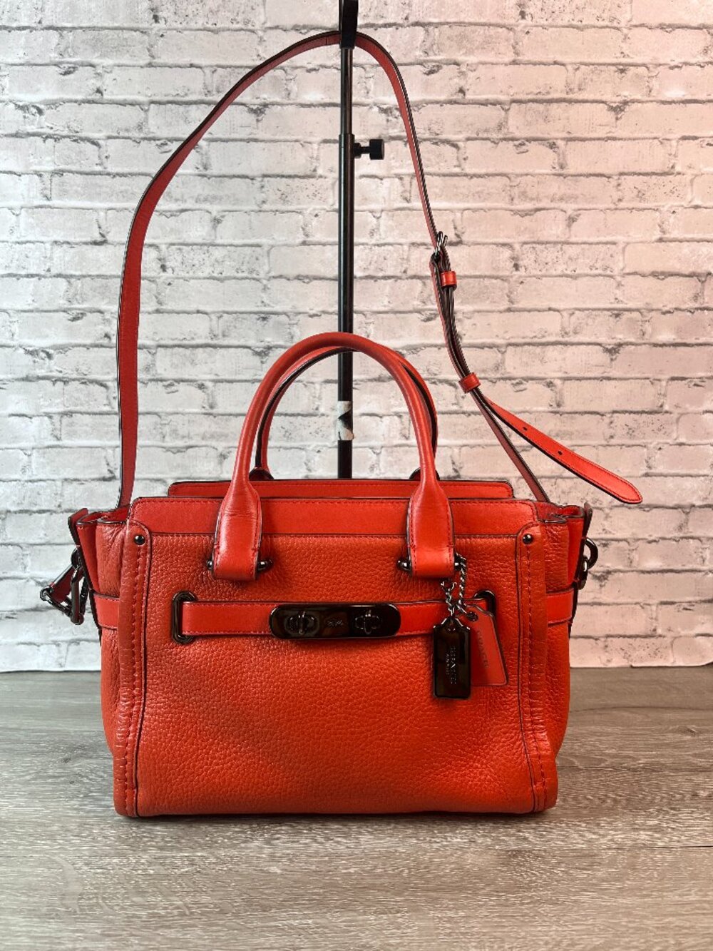 Coach 34816 Swagger 27 Pebbled Leather Satchel Deep Coral